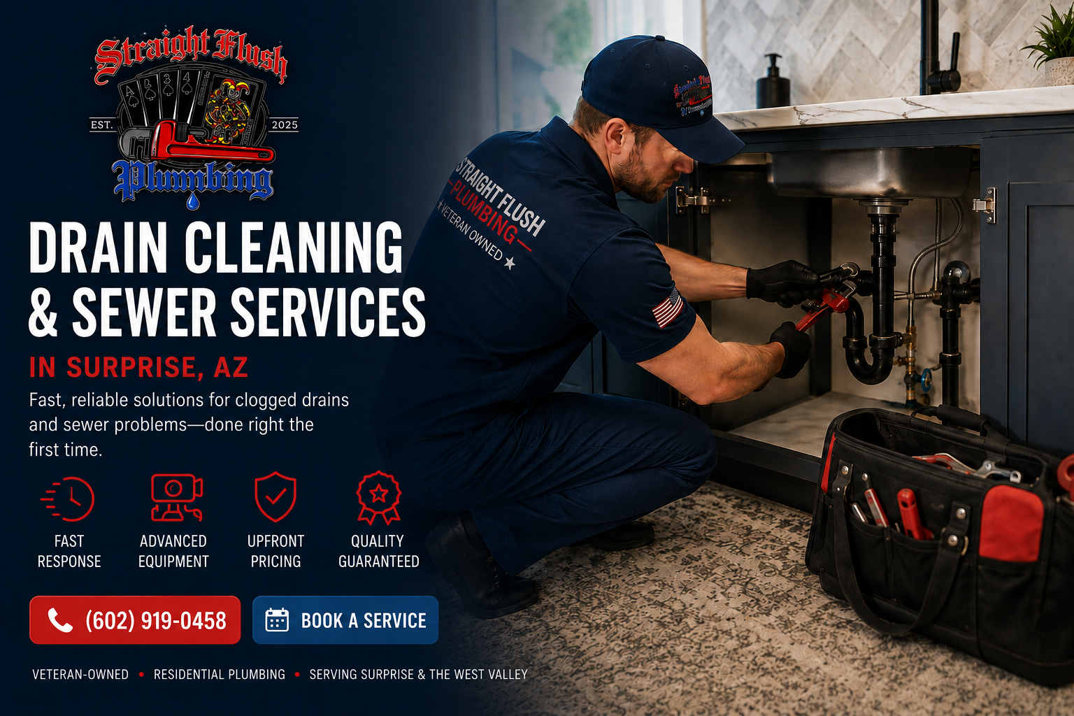 Straight Flush Plumbing technician performing a sewer camera inspection in a Surprise, AZ home.